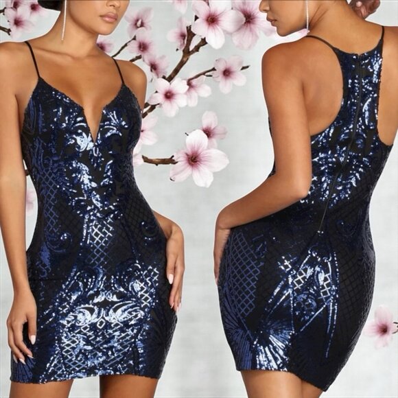 Windsor Blue Sequin Mini Dress M Deep Plunge Racerback Stretch Party Cocktail - Picture 1 of 10